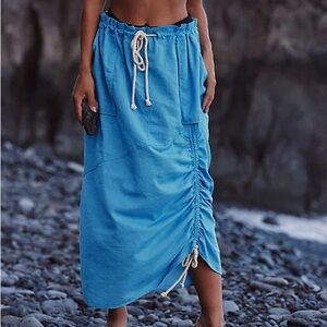 Free People | Bruna Linen Blend Sky Blue Utility Knee Length Beach Coverup Skirt